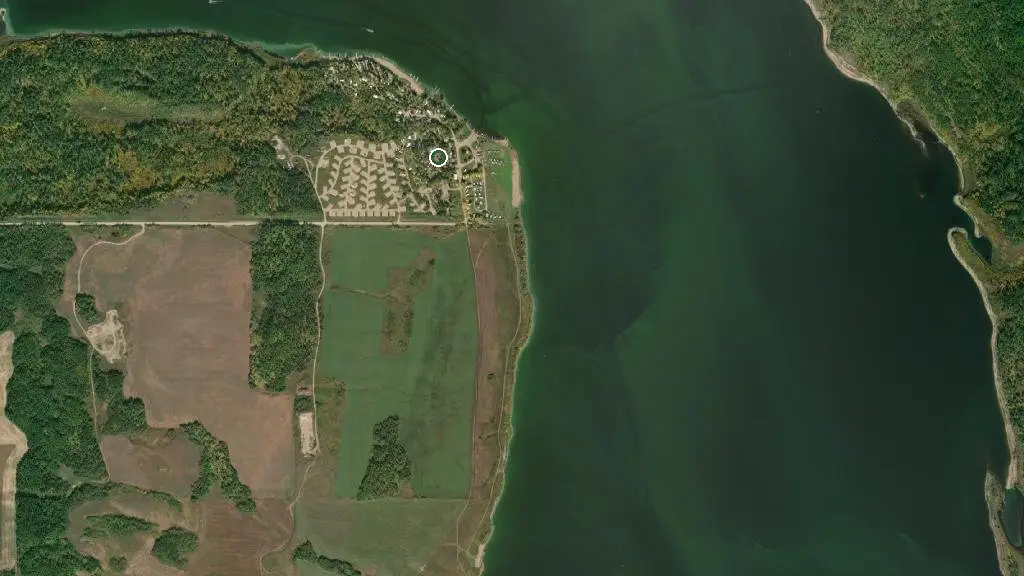 Aerial view of Pyott's West Campground on Lake of the Prairies and surroundings