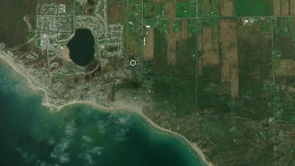 Aerial view of Pleasant Beach Campground and surroundings