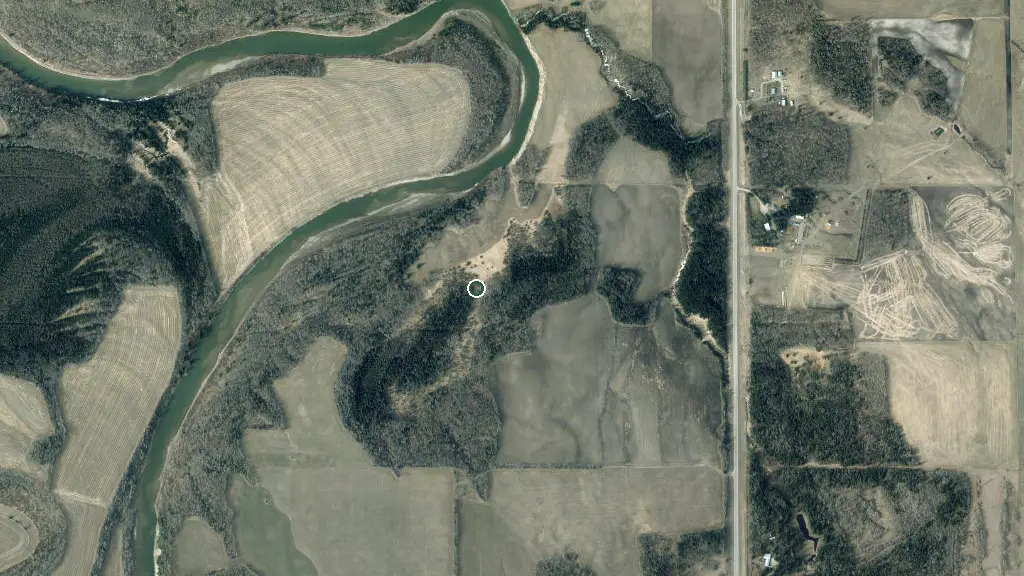 Aerial view of Pembina River Moon Lake Natural Area and surroundings