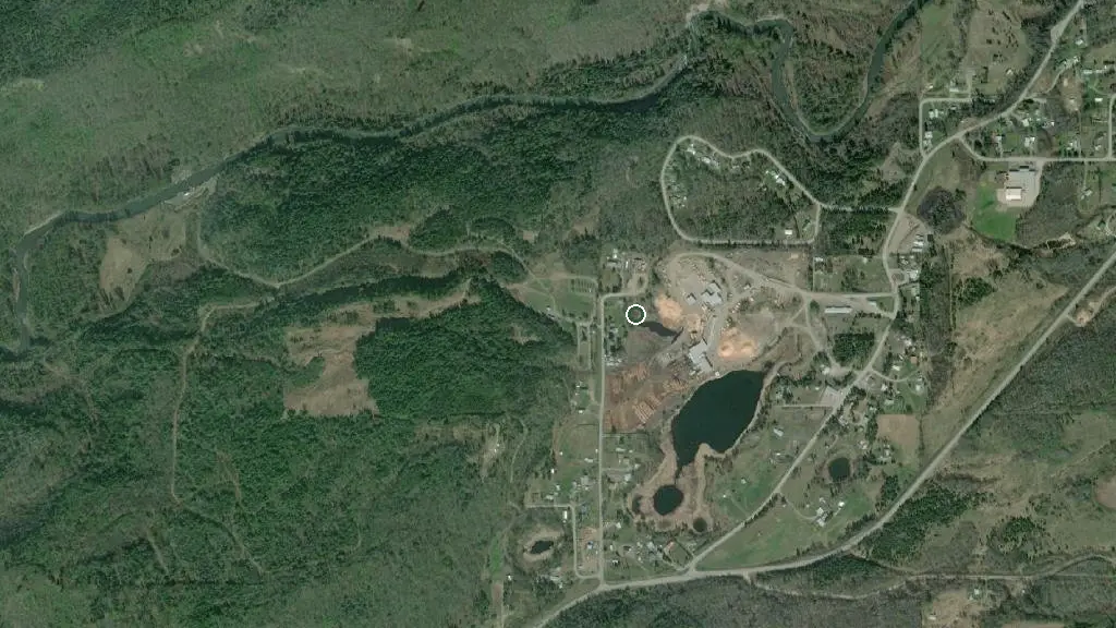 Aerial view of Kitwanga River RV Campground and surroundings