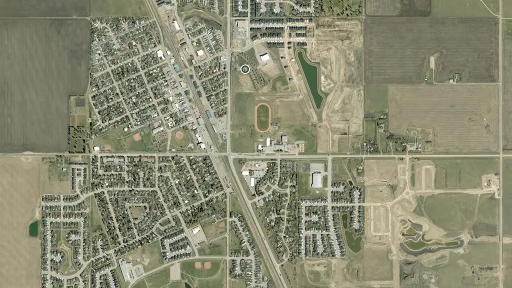 Aerial view of Carstairs Municipal Campground and surroundings