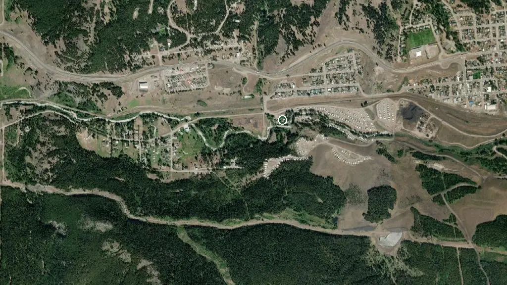 Aerial view of Green Mountain RV Campground on Crowsnest River, Crowsnest Pass and surroundings
