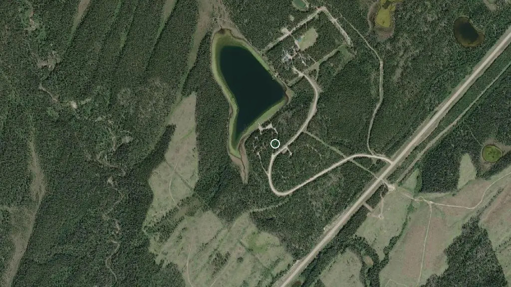 Aerial view of Goldeye Lake Provincial Recreation Area and surroundings