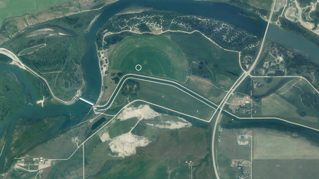 Aerial view of Wyndham-Carseland Provincial Park and surroundings