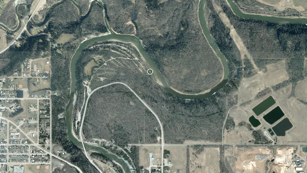 Aerial view of Pembina River Provincial Park and surroundings