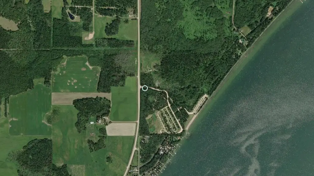 Aerial view of Zeiner Campground within Pigeon Lake Provincial Park and surroundings