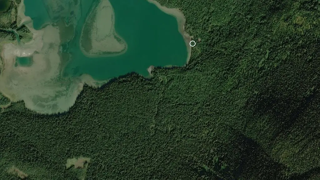 Aerial view of Monkman Lake Campground and surroundings