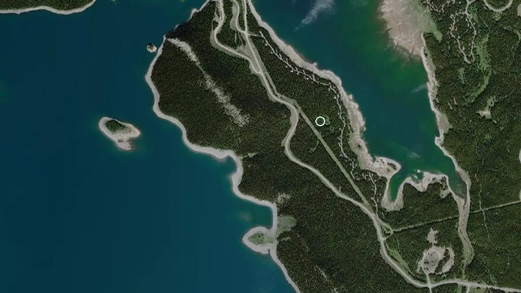Aerial view of Kananaskis Interlakes Campground and surroundings