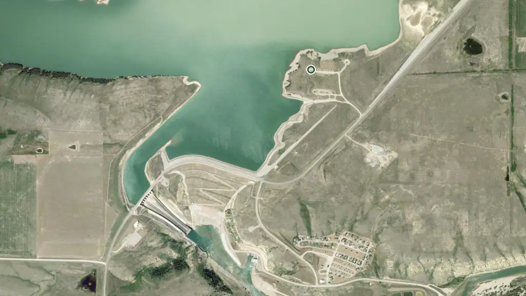 Aerial view of Windy Point Campground, Oldman Dam Provincial Recreation Area and surroundings