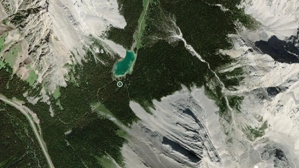 Aerial view of Elbow Lake Backcountry Camping, Peter Lougheed Provincial Park and surroundings