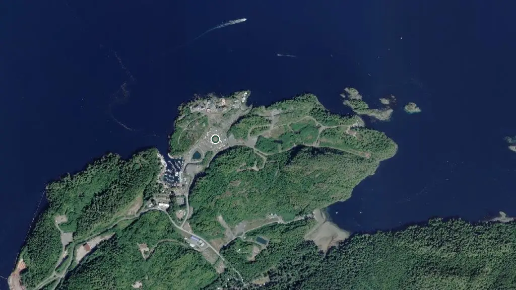 Aerial view of Telegraph Cove Marina & RV Park and surroundings