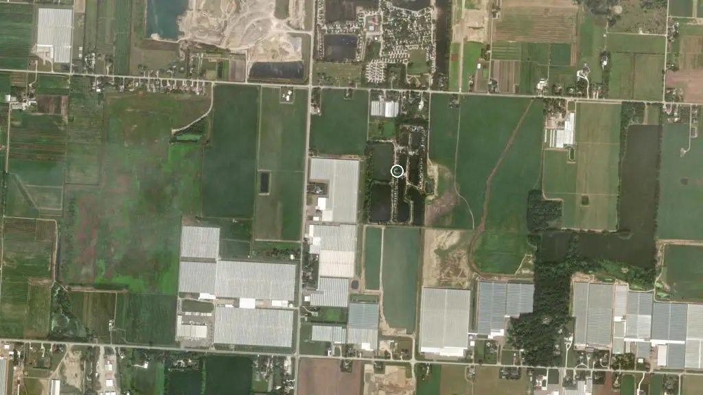 Aerial view of Ponds RV Park and surroundings