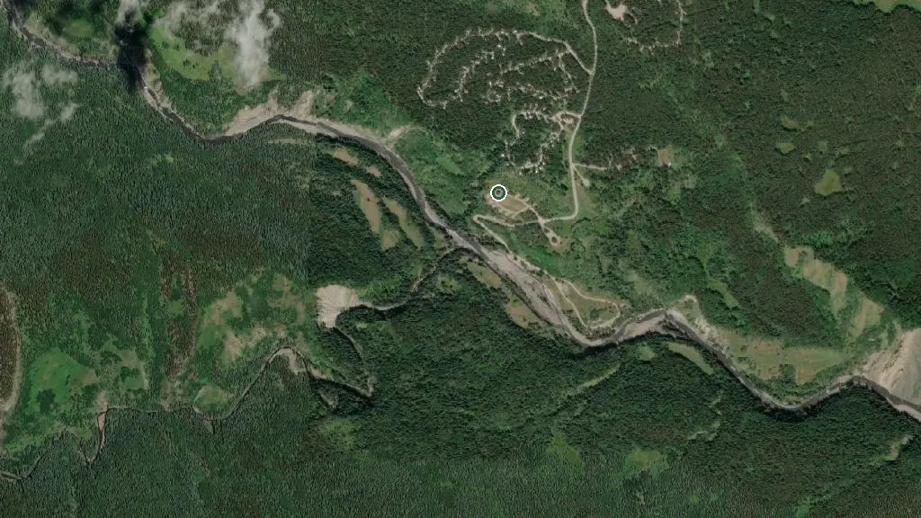 Aerial view of Sandy McNabb A Group Use, Sheep River Provincial Park and surroundings