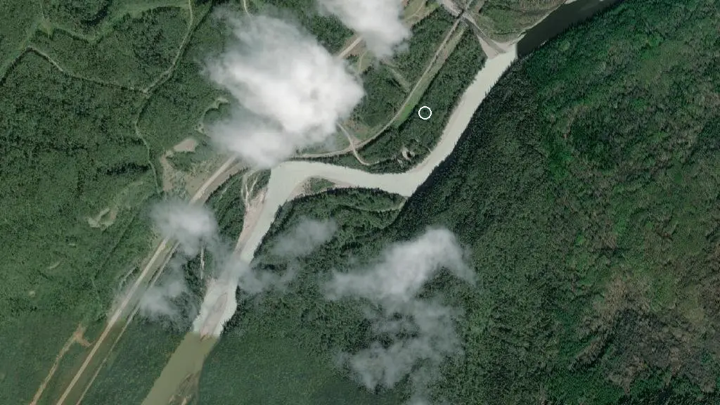 Aerial view of Sheep Creek Provincial Recreation Area and surroundings