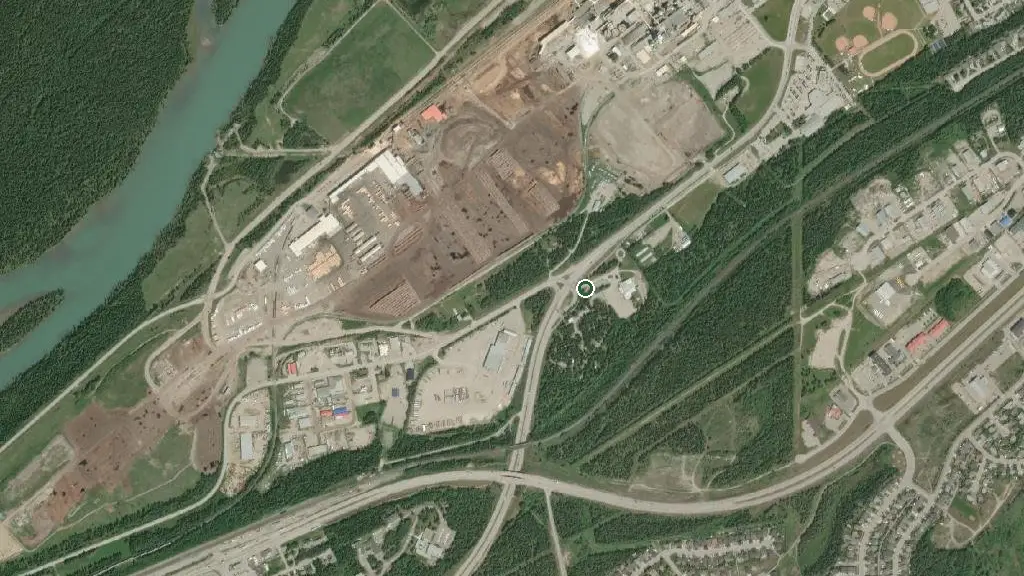 Aerial view of Hinton Centre Campground and surroundings