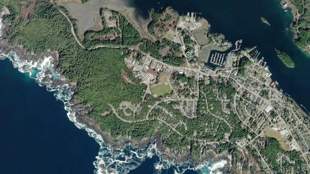Aerial view of Ucluelet Campground and surroundings