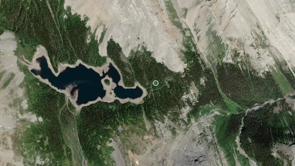 Aerial view of Three Isle Lake Backcountry Camping, Peter Lougheed Provincial Park and surroundings