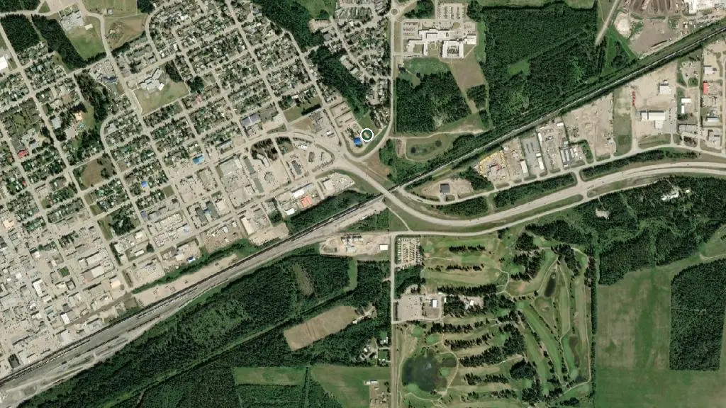 Aerial view of Edson Lions Park Campground and surroundings