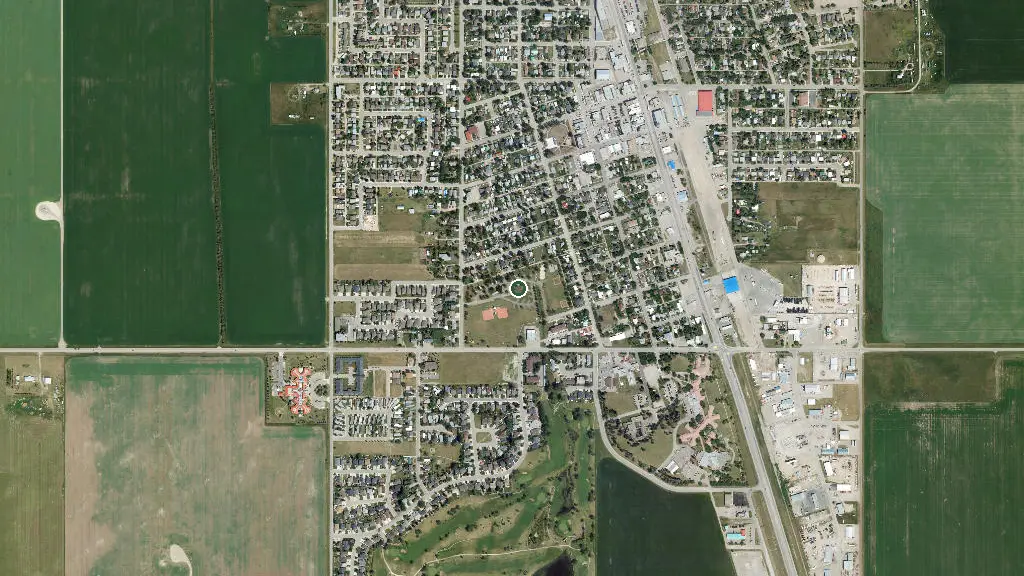 Aerial view of Claresholm Centennial Park and surroundings
