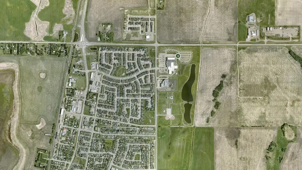 Aerial view of Penhold RV Park and surroundings
