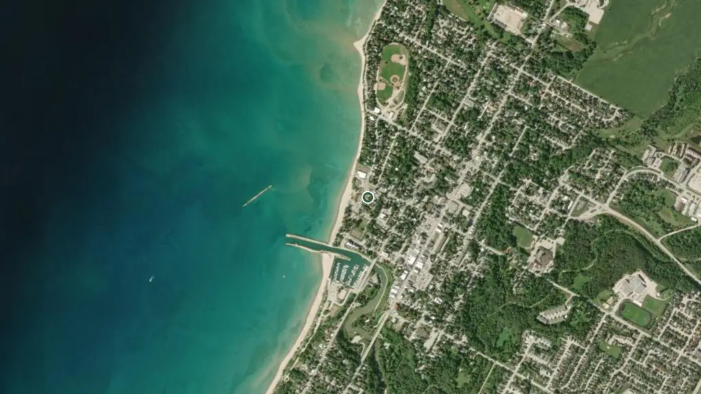 Aerial view of Bluewater Trailer Park and surroundings