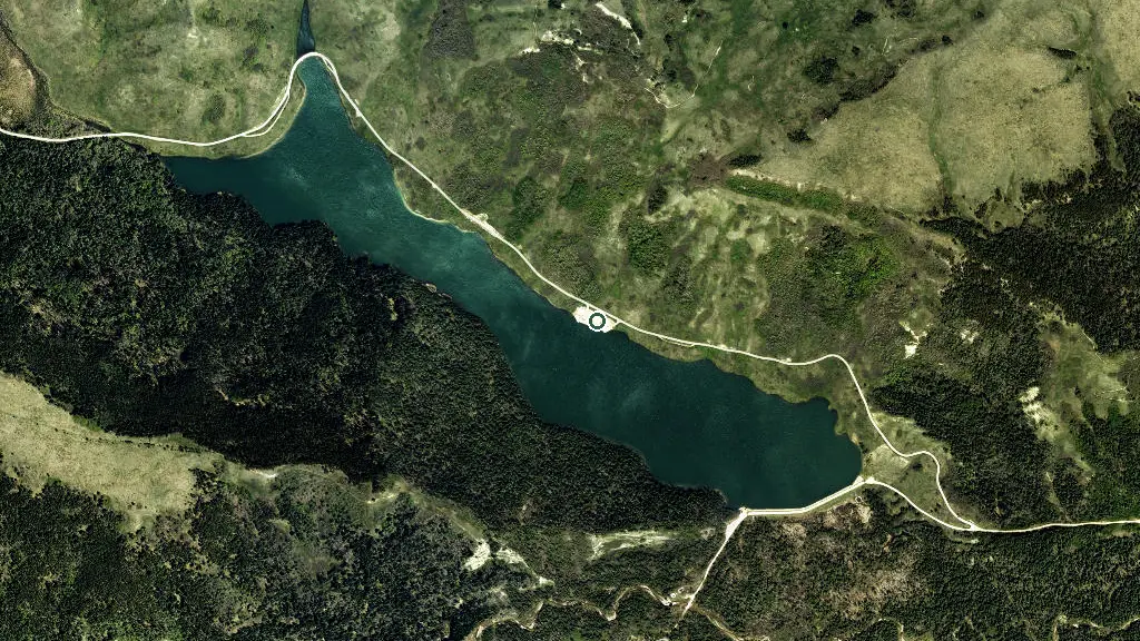 Aerial view of Reesor Dock Campground, Cypress Hills Provincial Park and surroundings