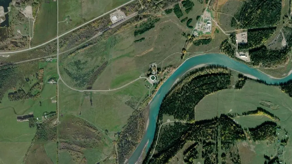 Aerial view of Rocky Mountain House National Historic Site and surroundings