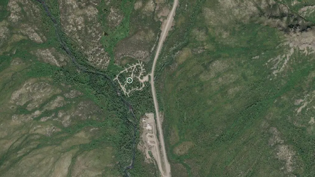 Aerial view of Tombstone Mountain Campground and surroundings