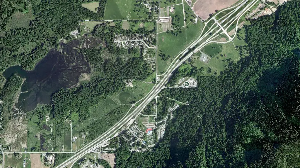 Aerial view of Camp Bridal RV Resort and surroundings