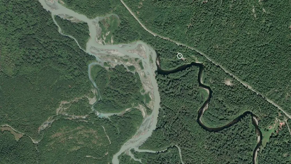 Aerial view of Tweedsmuir ( South) Provincial Park - Fisheries Pool Campground and surroundings