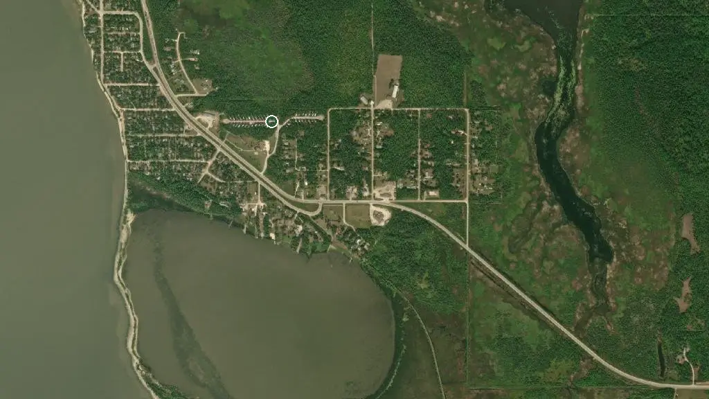 Aerial view of Grand Marais Community Central and RV Park and surroundings