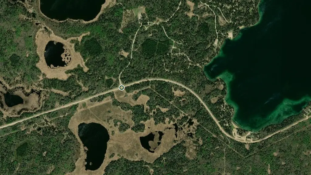 Aerial view of Childs Lake Campground and surroundings