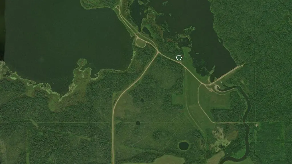 Aerial view of Heart River Dam Provincial Recreation Area and surroundings