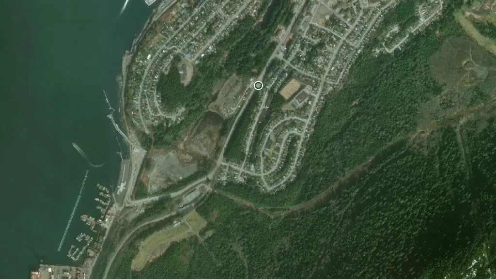 Aerial view of Prince Rupert RV Campground and surroundings