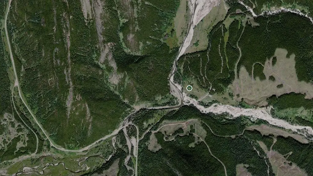 Aerial view of Cataract Creek Provincial Recreation Area and surroundings