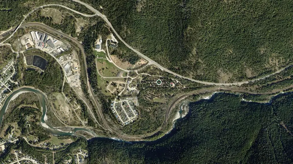 Aerial view of Revelstoke RV & Cabin Resort and surroundings