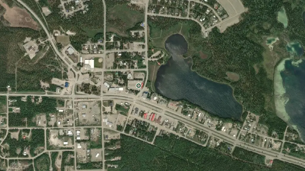 Aerial view of Watson Lake RV Park and surroundings