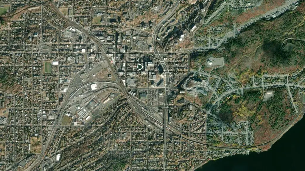 Aerial view of Five Mile Lake Lodge and surroundings
