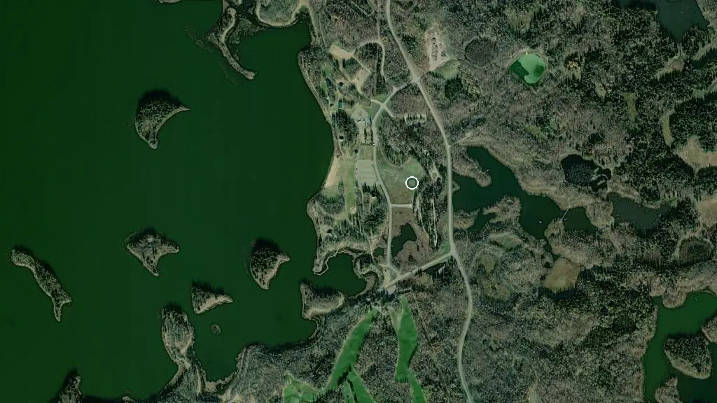 Aerial view of Astotin Lake Campground and surroundings