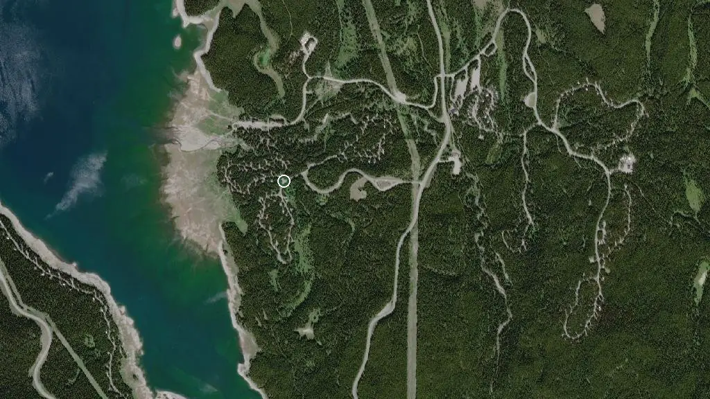 Aerial view of Lower Lake Campground, Peter Lougheed Provincial Park and surroundings