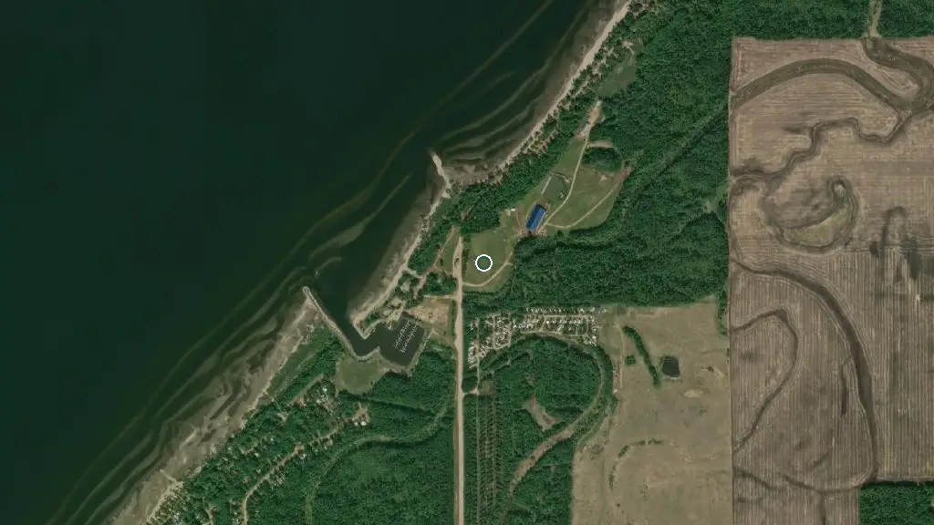 Aerial view of Spruce Point Park Campground  Marina and surroundings