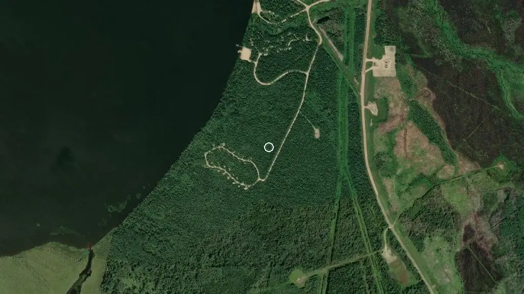 Aerial view of Iosegun Lake Provincial Recreation Area and surroundings
