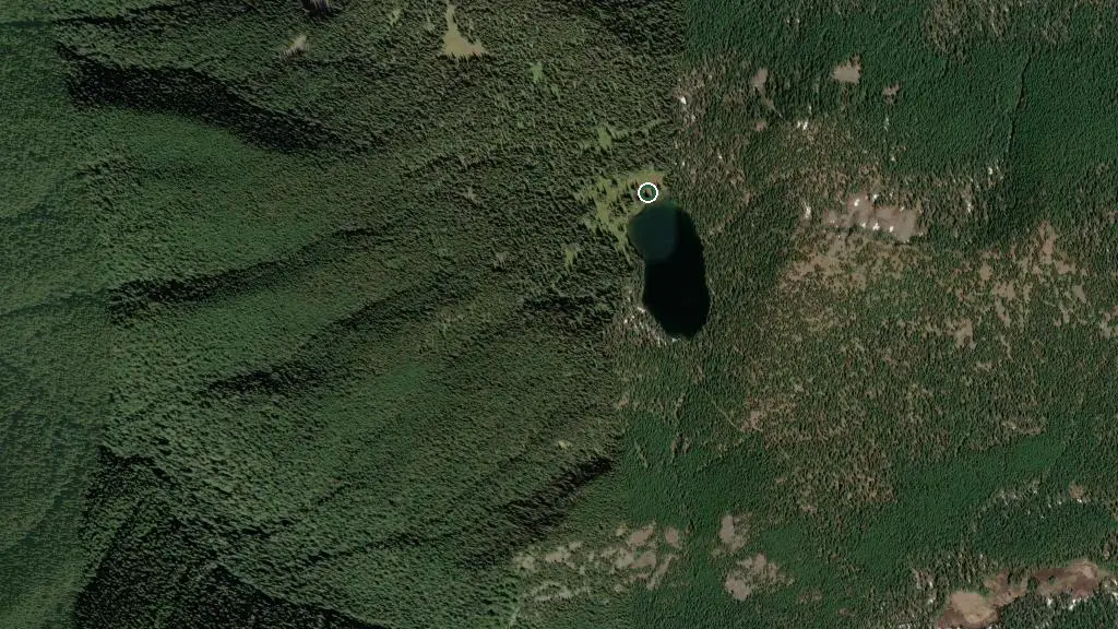Aerial view of Poland Lake Wilderness Campsite, Manning Provincial Park, BC and surroundings