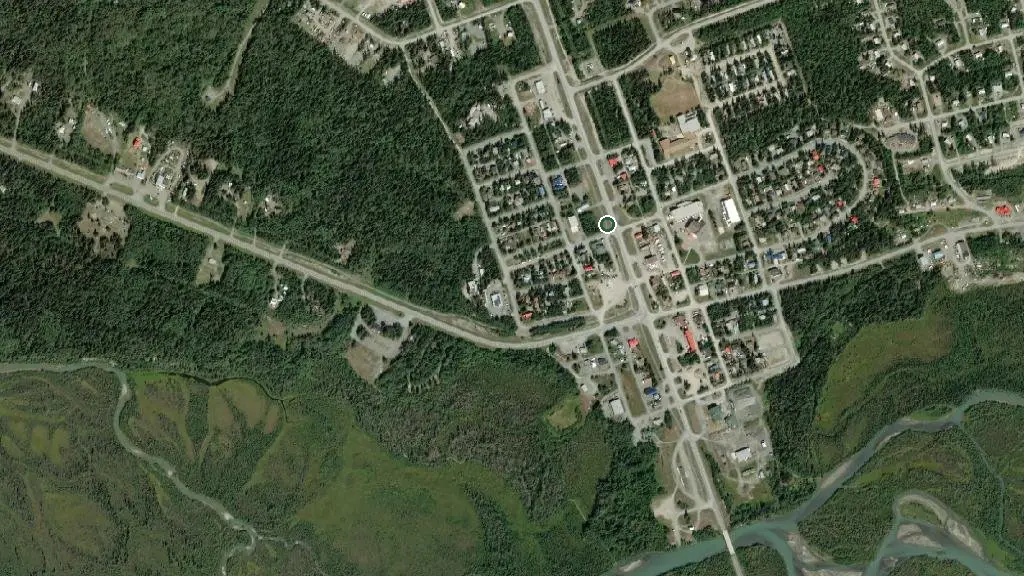 Aerial view of Kusawa lake Campground and surroundings