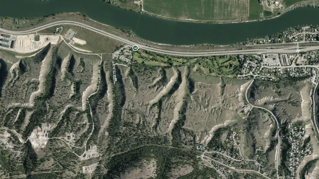 Aerial view of Kamloops Riverview RV Park and surroundings
