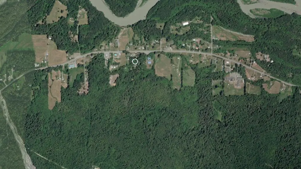 Aerial view of Bella Coola Valley Campground and surroundings