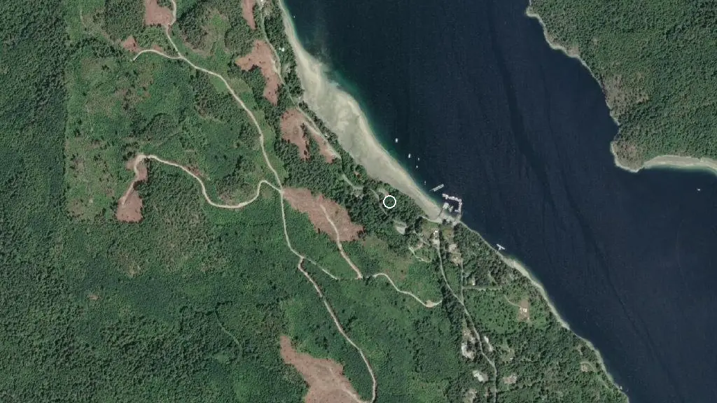 Aerial view of Okeover Arm Campground and surroundings