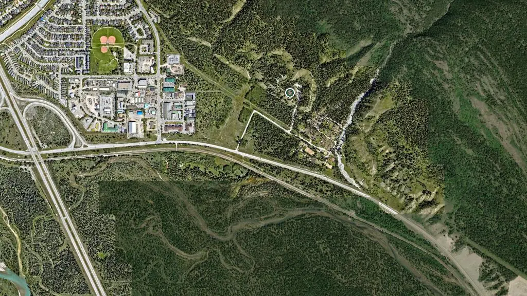 Aerial view of Canmore Alpine Hostel and surroundings