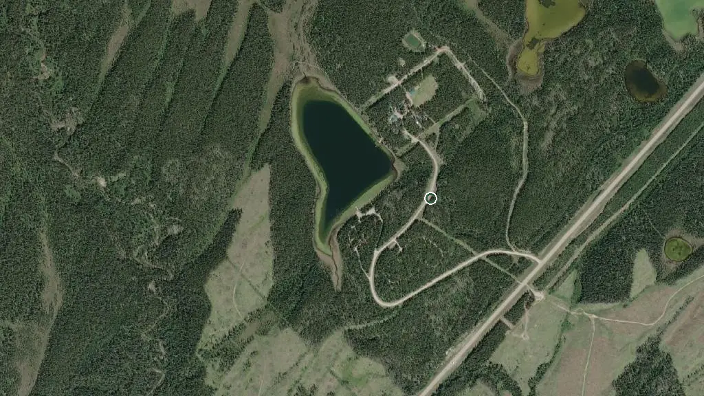 Aerial view of Buck Lake Provincial Rec Area and surroundings