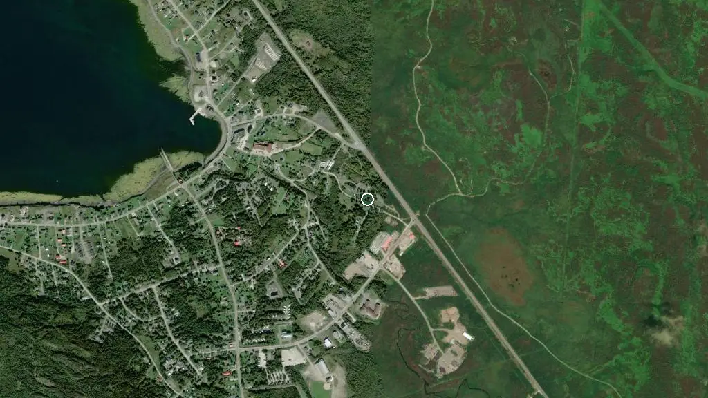 Aerial view of Gros Morne West Camp and R.V. and surroundings